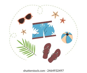 Men beach items. Male clothing. Swimming trunks, ball, sunglasses, beach flip-flops. Summer clothes for beach holiday. Flat vector illustration isolated on white background.