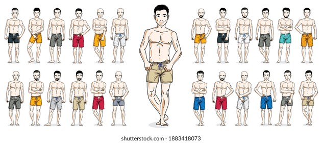 Men in beach shorts vector illustrations big set isolated on white background, attractive and handsome males in full length standing and posing with perfect athletic body, gorgeous people.