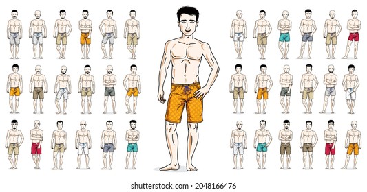 Men in beach shorts vector illustrations big set isolated on white background, attractive and handsome males in full length standing and posing with perfect athletic body, gorgeous people.