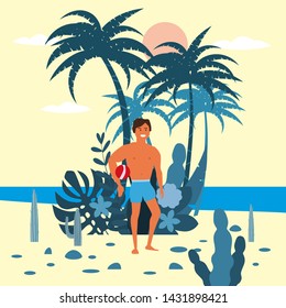 Men beach volleyball player character with a ball in shorts on background of exotic plants of palm sea, ocean, beach. Trend modern flat cartoon, vector, isolated, poster