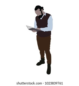 Men with beard reading the book, silhouette on a white background