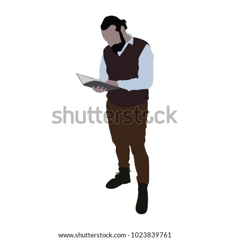 Men with beard reading the book, silhouette on a white background