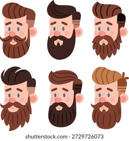 Estilos de barba de los hombres y corte de pelo Vector Set. Ilustración plana de caras masculinas hipster con diferentes peinados faciales, bigotes y peinados. Concepto de aseo y peluquería.