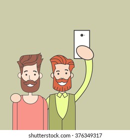 Men Bearded Couple Taking Selfie Photo, Two Gay Hipster Hold Smart Phone Vector Illustration