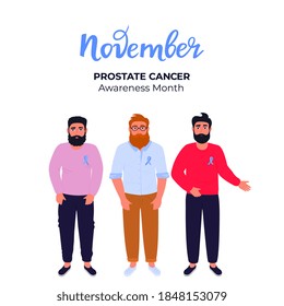 Men with beards and mustaches with blue ribbons pinned to the chest. Prostate cancer awareness month. November. Men's health concept