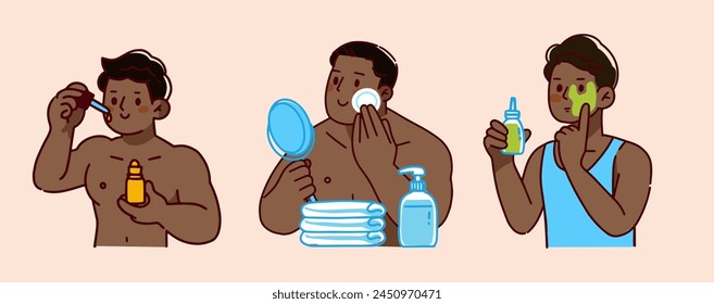 Men beauty routine. Guys applying cosmetic products, cream, lotion, serum on face in bathroom. Male skin and hair care, hygiene. Flat vector illustrations isolated on white background