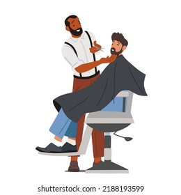 Men Beauty Salon, Barbershop. Bearded Male Character Sitting on Chair in Barber Shop with Hairdresser Cutting and Trimming Client Beard Isolated on White Background. Cartoon People Vector Illustration