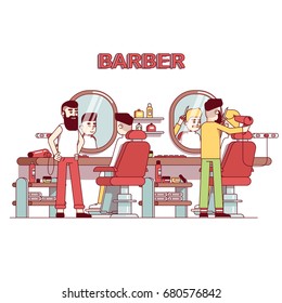 Men beauty salon. Bearded hairdresser barber doing client haircut. Trendy vintage barbershop interior design with chairs, mirrors, desk, shelves. Flat style thin line vector illustration.