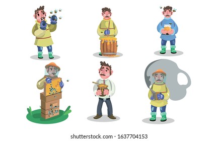 Men beekeepers in protective work clothing during job vector illustration