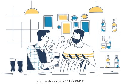 Men in beer bar linear. Young guys sitting and drinking alcoholic beverages in cafe. Visitors with alcohol in glasses, beer with foam. Friends chatting indoor. Doodle flat vector illustration