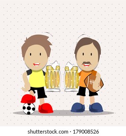 Men with beer celebrate their football games, each holding a ball in his hands and Smiling, background pattern of dots.