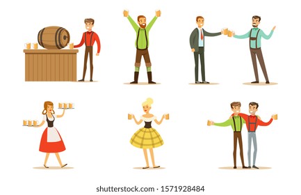 Men with beer mugs. Set of vector illustrations.