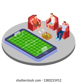 Men with beer watch football online isometric vector illustration