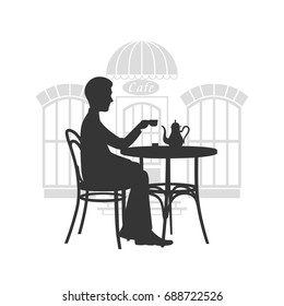 Men behind a little table in cafe drinks coffee a vector illustr