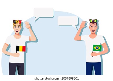 Men with Belgian and Brazilian flags. Background for the text. The concept of sports, political, education, travel and business relations between Belgium and Brazil. Vector illustration.
