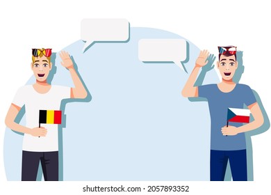 Men with Belgian and Czech flags. Background for text. Communication between native speakers of Belgium and Czech. Vector illustration.