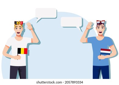Men with Belgian and Dutch flags. Background for text. Communication between native speakers of Belgium and the Netherlands. Vector illustration.