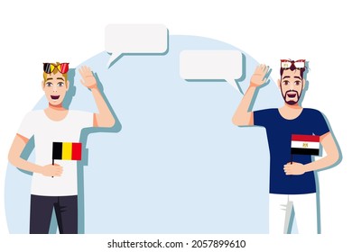 Men with Belgian and Egyptian flags. Background for text. Communication between native speakers of Belgium and Egypt. Vector illustration.