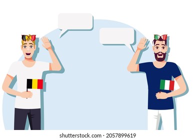 Men with Belgian and Italian  flags. The concept of international communication, education, sports, travel, business. Dialogue between Belgium and Italy. Vector illustration.