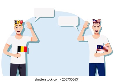 Men with Belgian and Malaysian flags. Background for the text. Communication between native speakers of the language. Vector illustration.