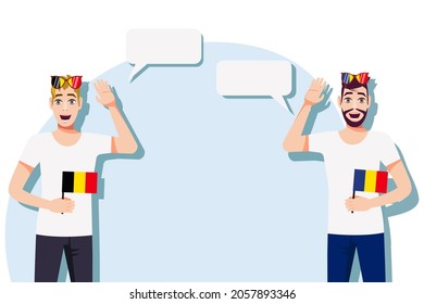 Hombres con banderas belgas y rumanas. Antecedentes del texto. El concepto de relaciones deportivas, políticas, educativas, de viajes y de negocios entre Bélgica y Rumanía. Ilustración vectorial.