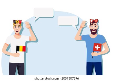 Men with Belgian and Swiss flags. Background for the text. The concept of sports, political, education, travel and business relations between Belgium and Switzerland. Vector illustration.