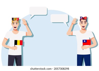 Men with Belgian and Taiwan flags. The concept of international communication, education, sports, travel, business. Dialogue between Belgium and Taiwan. Vector illustration.