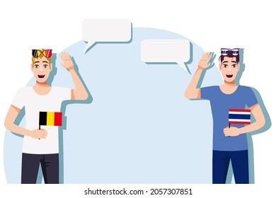 Men with Belgian and Thai flags. Background for text. Communication between native speakers of Belgium and Thailand. Vector illustration.