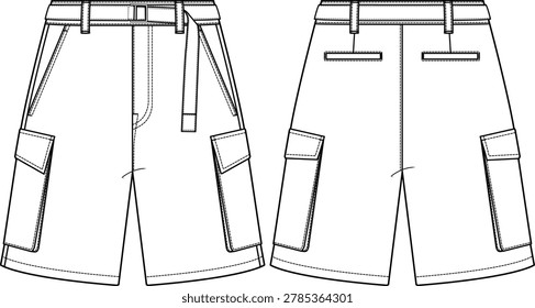 Men belted Cargo bermuda short with patch pockets on sides, slash front pockets and back welt pockets, longer inseam, knee length, belt loops, fly closure hidden button on waistband, sketch front back