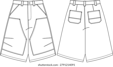 Men bermuda baggy short with Riveted panel and darts at front, double knee darts, slash front pockets and back patch pockets, longer inseam, knee length, belt loops, zip fly, sketch front back, casual, trend, everyday wear, jort, streetwear