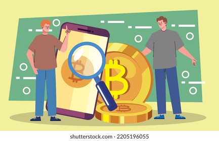men with bitcoins in smartphone
