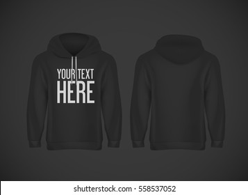 Men black hoddy. Realistic mockup with brand text for advertising. Long sleeve hoody template on background.