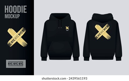 Men black hoody design concept. Realistic jumper mockup. Long sleeve hoody template clothing.