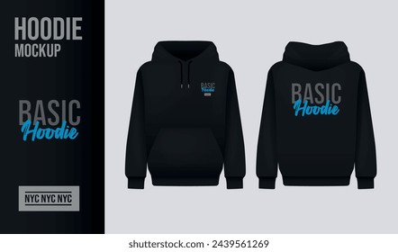 Men black hoody design concept. Realistic jumper mockup. Long sleeve hoody template clothing.