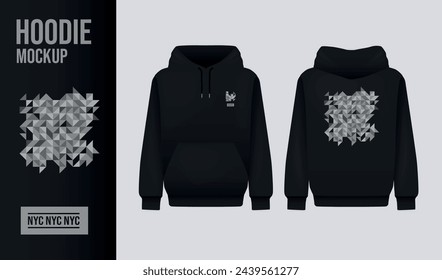 Men black hoody design concept. Realistic jumper mockup. Long sleeve hoody template clothing.