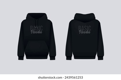 Men black hoody. Realistic jumper mockup. Long sleeve hoody template clothing.