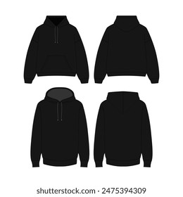 Herren Schwarz Hoody Realistisches Mockup Langarm Hoodie Vorlage Blank Streetwear Hoodie Bekleidung Vektorgrafik Mockup Vorlage Unisex Hoody Technische Sketch Herren Schwarz Hoody Realistisches Mockup - Langarm Hoody