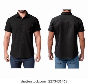 men in black polo shirt mockup front and back view realistic isolated on transparent background
