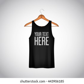 Men Black Tank Top Isolated. Realistic Mockup Whit Brand Text For Advertising. T-shirt Template On Background.