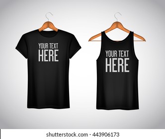 Men black tank top and t-shirt. Realistic mockup whit brand text for advertising. Short sleeve T-shirt template on background.