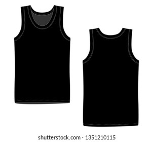 Men black vest underwear. White tank top in front and back views. Isolated sleeveless male sport shirts or men top apparel. Blank templates of t-shirt. Casual style.