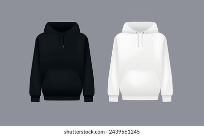 Herren Schwarz-Weiß Kapuzenpullover. Realistische Jumper-Attrappe. Langarm Hoody Schablonenkleidung.