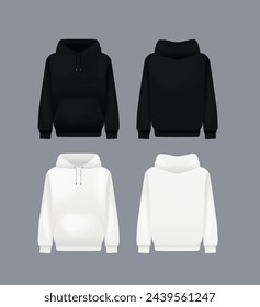 Men black and white hoody. Realistic jumper mockup. Long sleeve hoody template clothing.