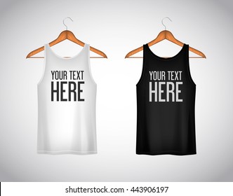 Men Black And White Tank Top. Realistic Mockup Whit Brand Text For Advertising. Short Sleeve T-shirt Template On Background.