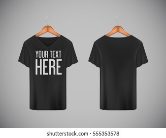Men blackT-shirt. Realistic mockup whit brand text for advertising. Short sleeve T-shirt template on background.