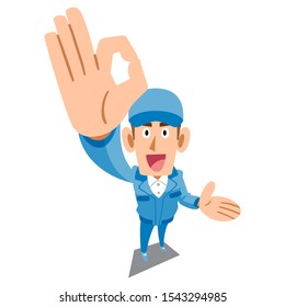 Men in blue work clothes showing OK sign by hand and guiding