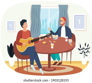 Men with board game. Guys play Who Am I. Man creates music with guitar vector illustration. Guy playing guitar and perform at home. Friends having fun together. Entertainment and pastime in apartment