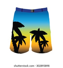 Men board shorts vector template. Man blue swimwear trousers with palms.