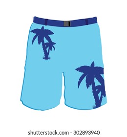 Men board shorts vector template. Man blue swimwear trousers with palms.