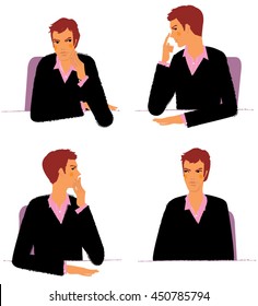 Men body talk illustration. Man touching nose, collar. Vector illustration